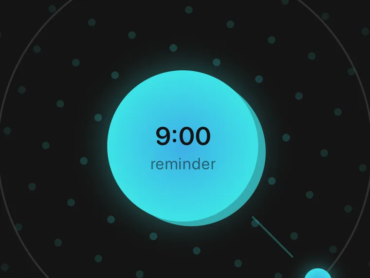 The reminder ring: a day-clock with the reminder time held by a glowing dot.