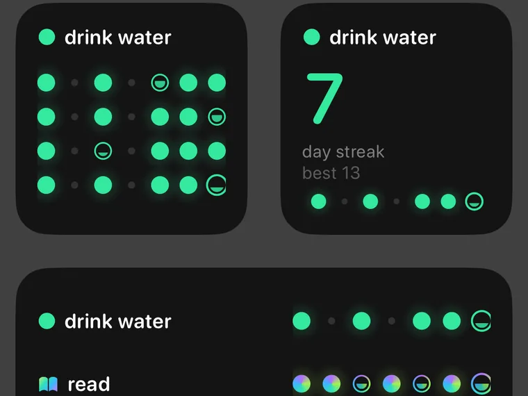 Home-screen widgets: a month of dots, a streak count, and this week across habits.