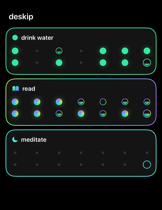 The deskip habit list: three habit cards, each wearing its own color - green, the Aurora scheme, cyan - with two rows of recent dots.